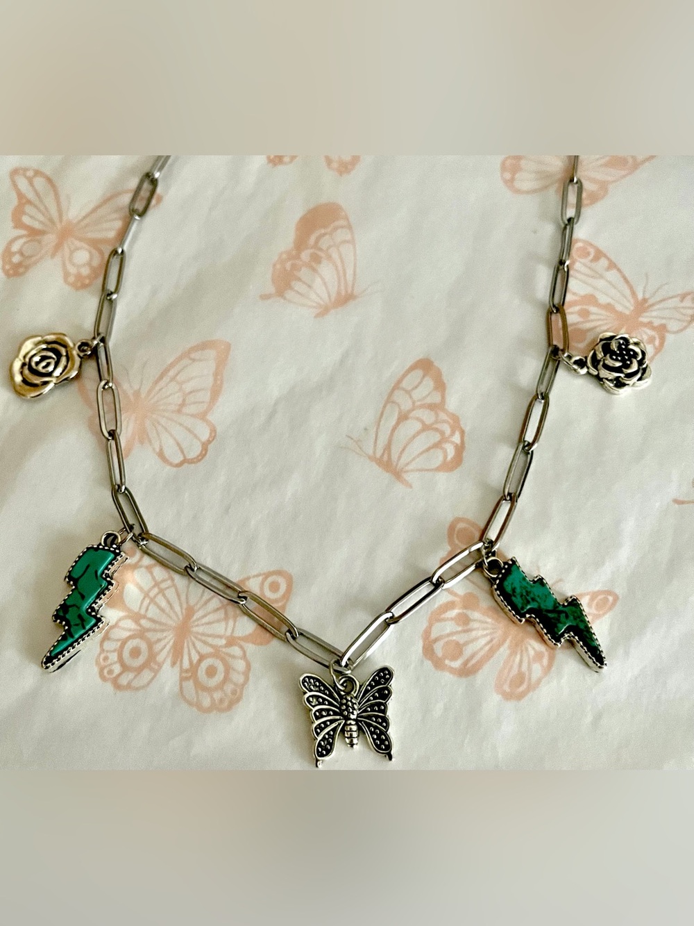 Handmade Turquoise Charm Necklace Butterfly Lightning Bolt Silver Y2K